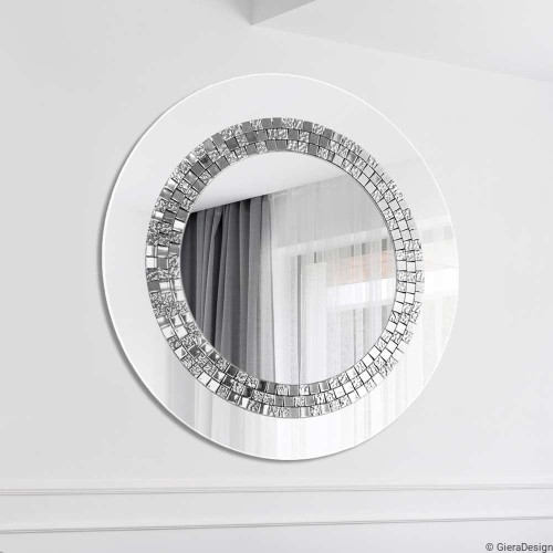 Duże okrągłe lustro Glamour białe ze srebrną szklaną mozaiką.  GieraDesign