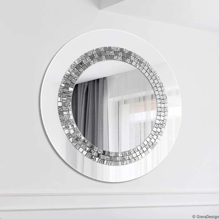 Duże okrągłe lustro Glamour białe ze srebrną szklaną mozaiką.  GieraDesign