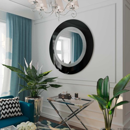 Duże okrągłe lustro dekoracyjne Elegance w salonie glamour. GieraDesign