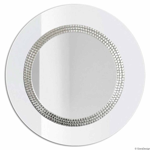 Lustro Elegance białe - okrągłe lustro w szerokiej białej ramie ze szkła lacobel, zdobione trzema rzędami drobnej srebrnej mozaiki. GieraDesign
