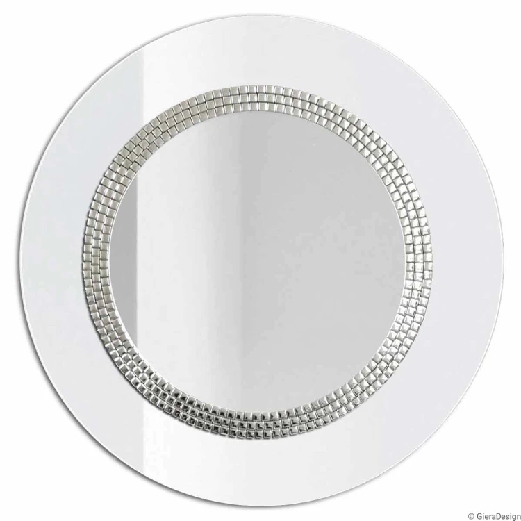 Lustro Elegance białe - okrągłe lustro w szerokiej białej ramie ze szkła lacobel, zdobione trzema rzędami drobnej srebrnej mozaiki. GieraDesign