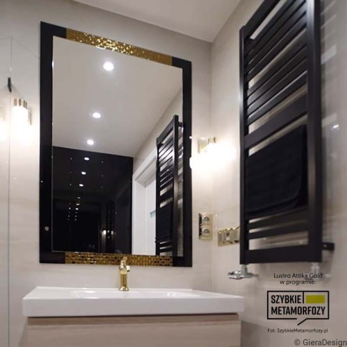 Lustro Attika Gold - w czarno-złotej ramie glamour w łazience. GieraDesign