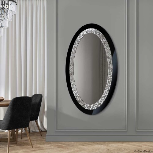 Duże lustro owalne Glamour czarne ze srebrną mozaiką. GieraDesign