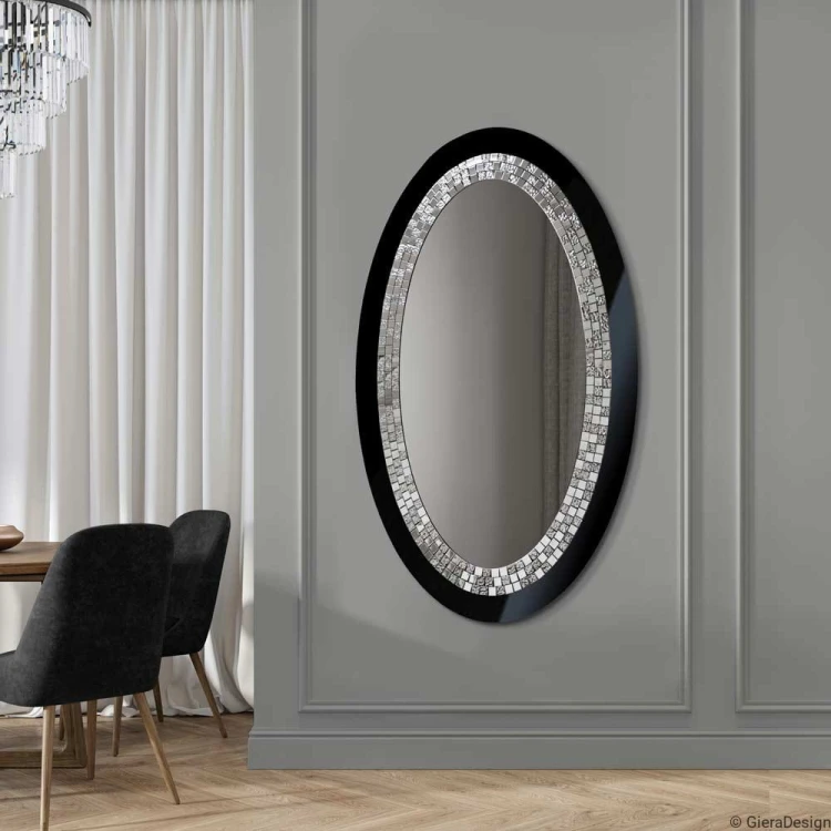 Duże lustro owalne Glamour czarne ze srebrną mozaiką. GieraDesign