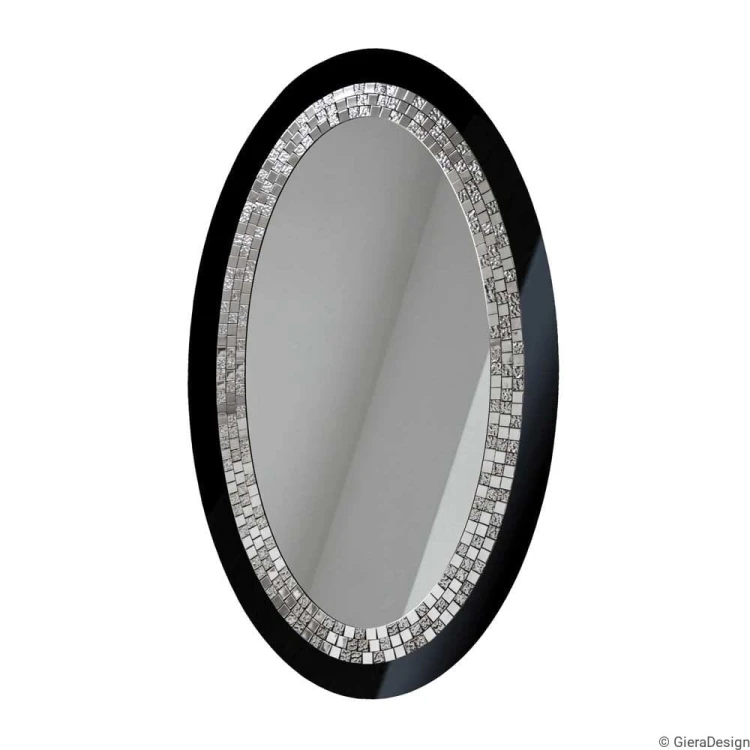 Duże lustro owalne Glamour czarne rama z Lacobelu i srebrnej mozaiki. GieraDesign