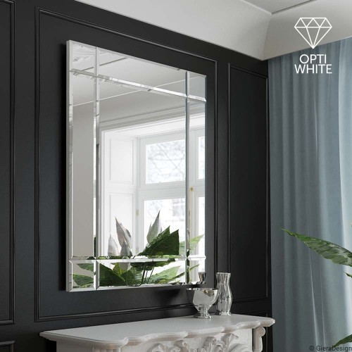 Lustro Fazis Opti White prostokątne kryształowe z lustrzaną ramą w salonie. GieraDesign
