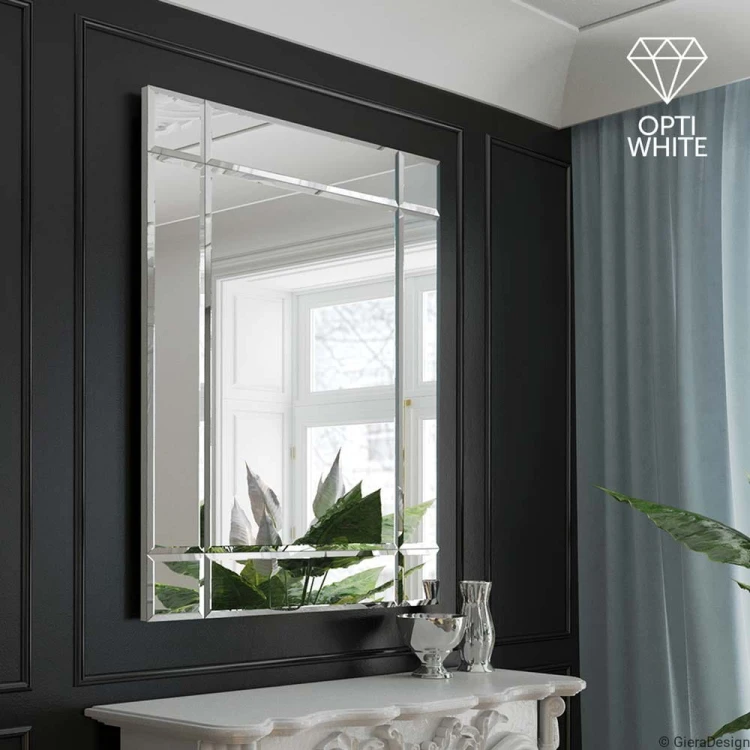 Lustro Fazis Opti White prostokątne kryształowe z lustrzaną ramą w salonie. GieraDesign