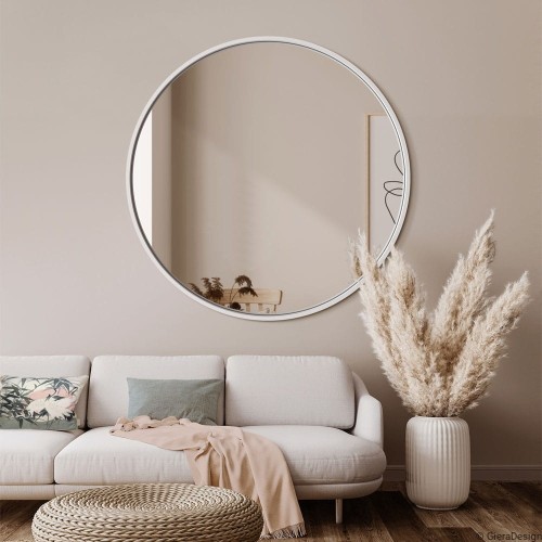 Lustro Scandi białe na tle beżowej ściany w salonie.
GieraDesign
