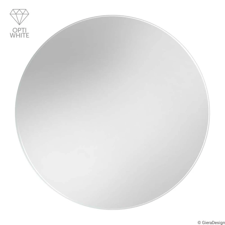 Lustro okrągłe super białe ze szkła opti white na białym tle. GieraDesign