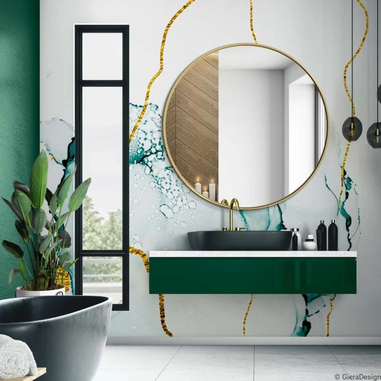 Duże złote okrągłe lustro  Scandi Slim w zielonej łazience.  GieraDesign