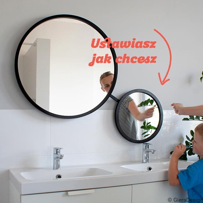 Lustro Scandi DUO obrotowe, czarne w nowoczesnej łazience. GieraDesign