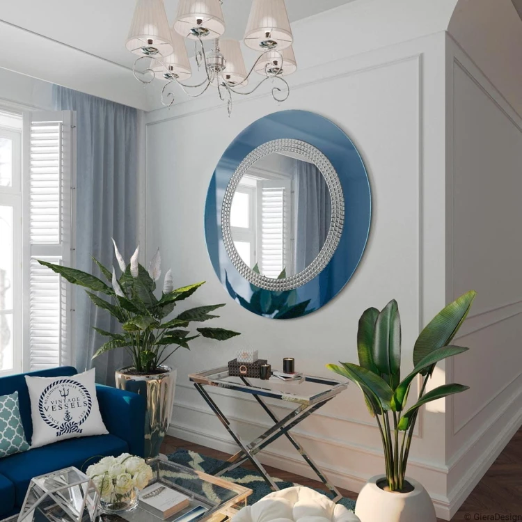 Lustro Elegance niebieskie - w ramie z lustra niebieskiego, zdobione drobą szklaną mozaiką - GieraDesign