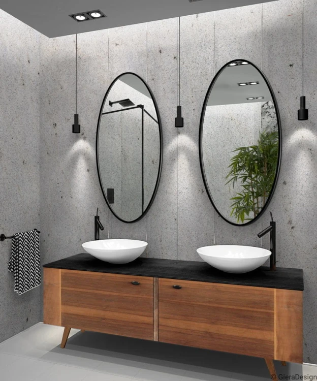 Scandi Slim - czarne owalne lustro aranżacja w nowoczesnej łazience,  GieraDesign