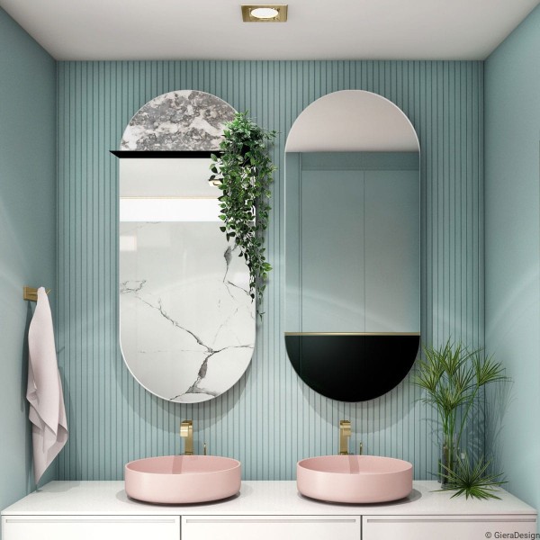 Lustro Novi czarne z półką w nowoczesnej łazience nad umywalką. GieraDesign