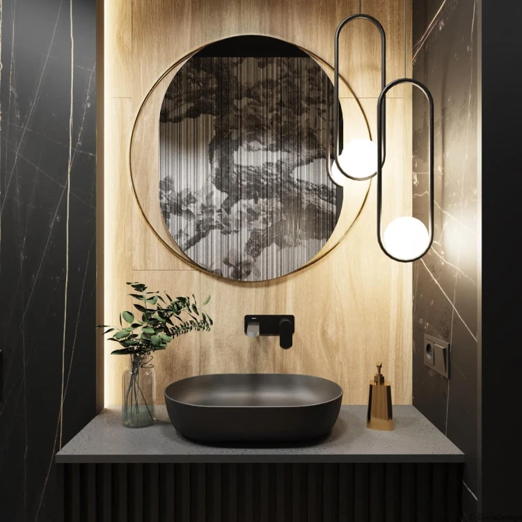Lustro Ring Ambient w nowoczesnej łazience z drewnem. GieraDesign