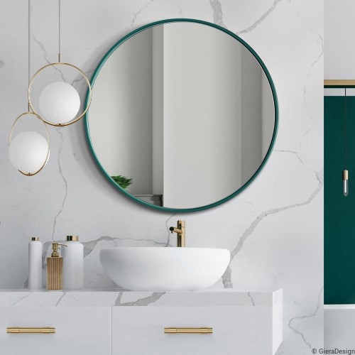 Lustro okrągłe łazienkowe Scandi Slim w cienkiej zielonej ramie. GieraDesign