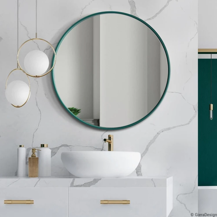 Lustro okrągłe łazienkowe Scandi Slim w cienkiej zielonej ramie. GieraDesign