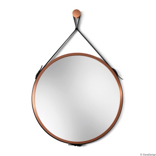 Lustro Scandi Belt miedziane na pasku skórzanym z miedzianym wieszakiem. GieraDesign