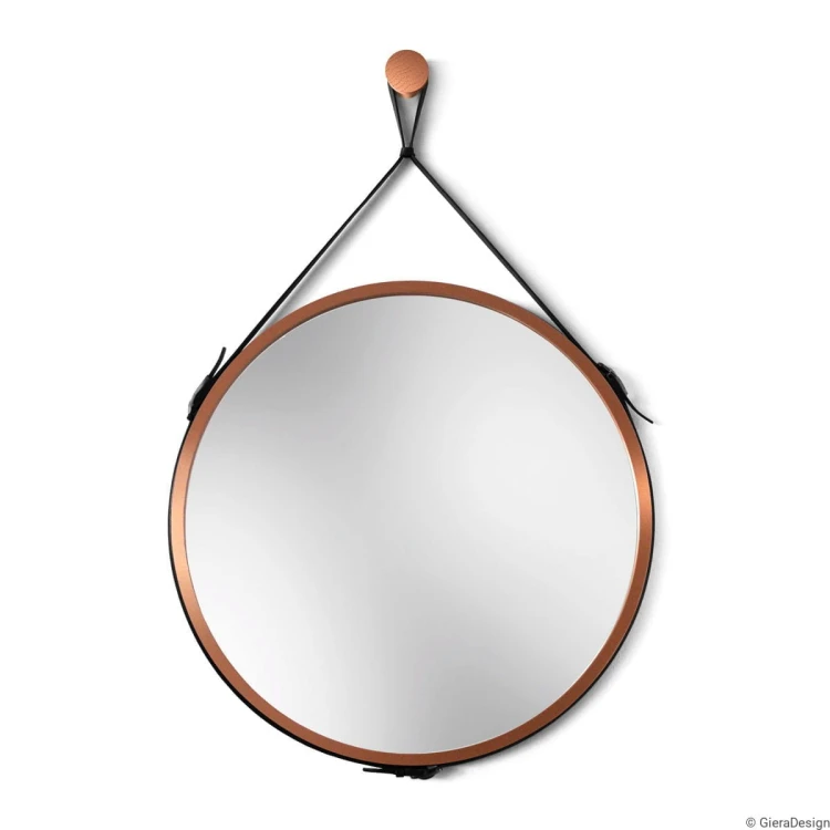 Lustro Scandi Belt miedziane na pasku skórzanym z miedzianym wieszakiem. GieraDesign