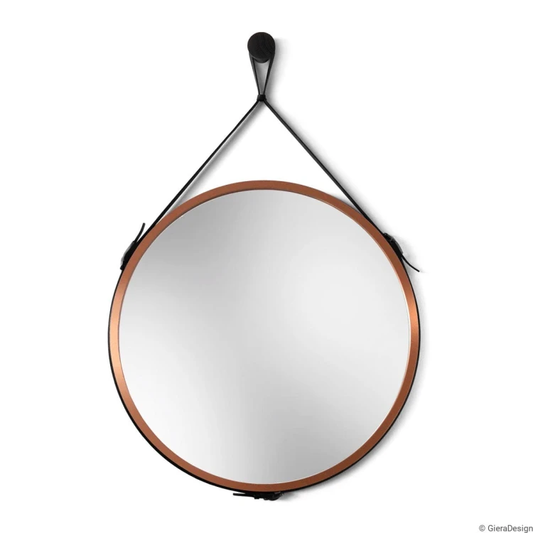 Lustro Scandi Belt miedziane na pasku skórzanym z czarnym wieszakiem. GieraDesign