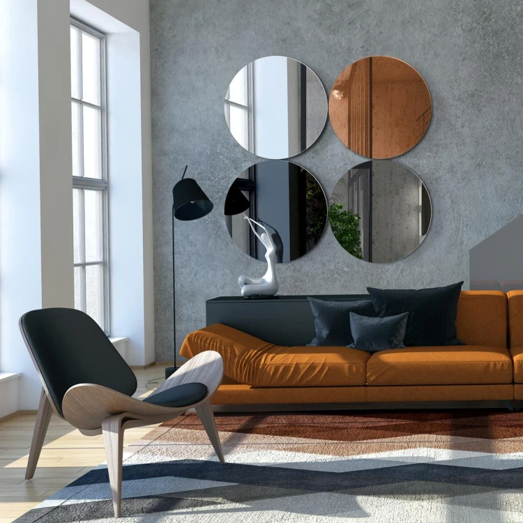 Zestaw luster 4Seasons Autumn cztery okrągłe lustra w nowoczesnym salonie nad kanapą- GieraDesign