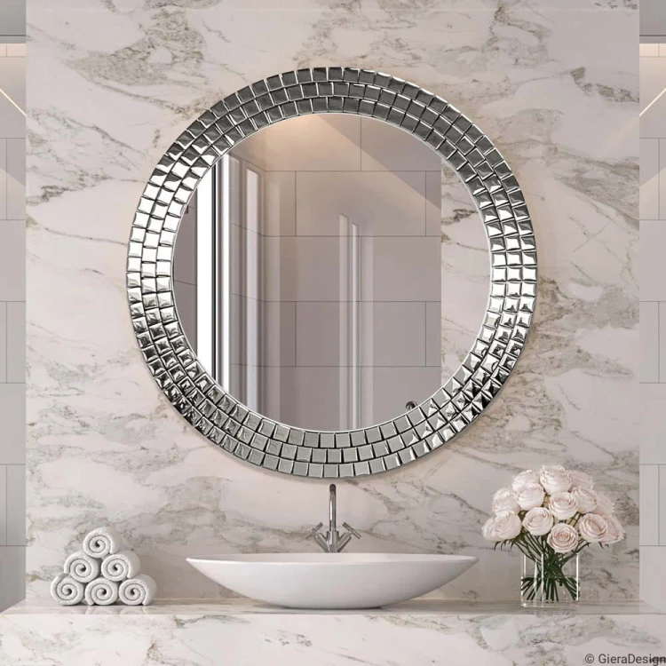 Okragłe lustro Aurora Silver ze srebrną mozaiką w stylu glamour. GieraDesign