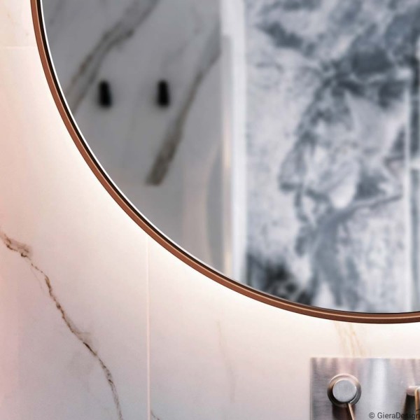 Zbliżenie na lustro podświetlane Scandi Slim miedziane. GieraDesign