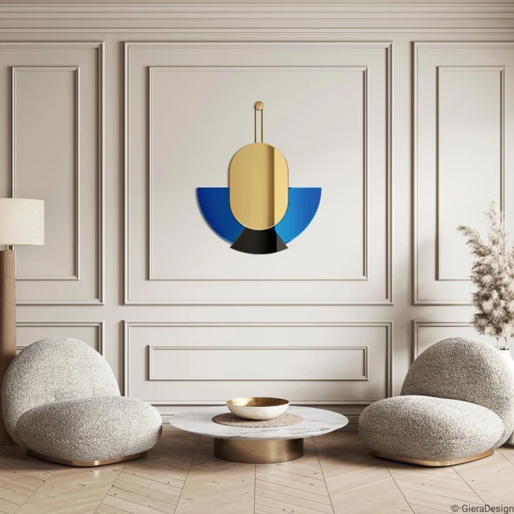 Lustro dekoracyjne Sign Avi złoto-niebieskie w nowoczesnym salonie. GieraDesign