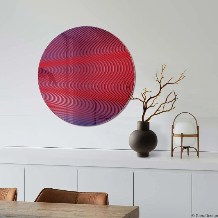 Lustro ozdobne Mars z kolekcji Cosmic nad komodą. Projekt Szpunar Studio dla GieraDesign. Średnica lustra fi 50 cm.