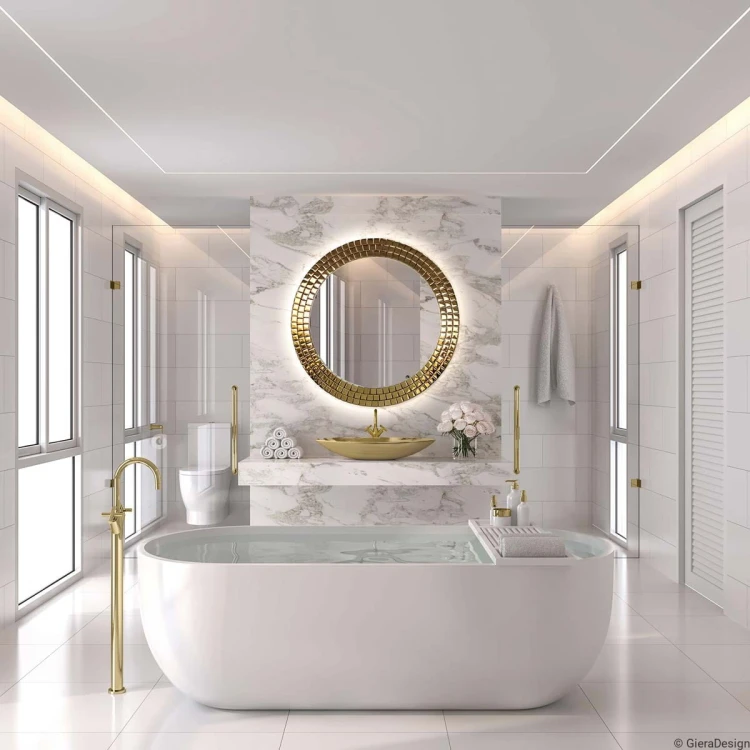Lustro Aurora Gold podświetlane to piękna dekoracja łazienki z ponadczasowym marmurem. GieraDesign