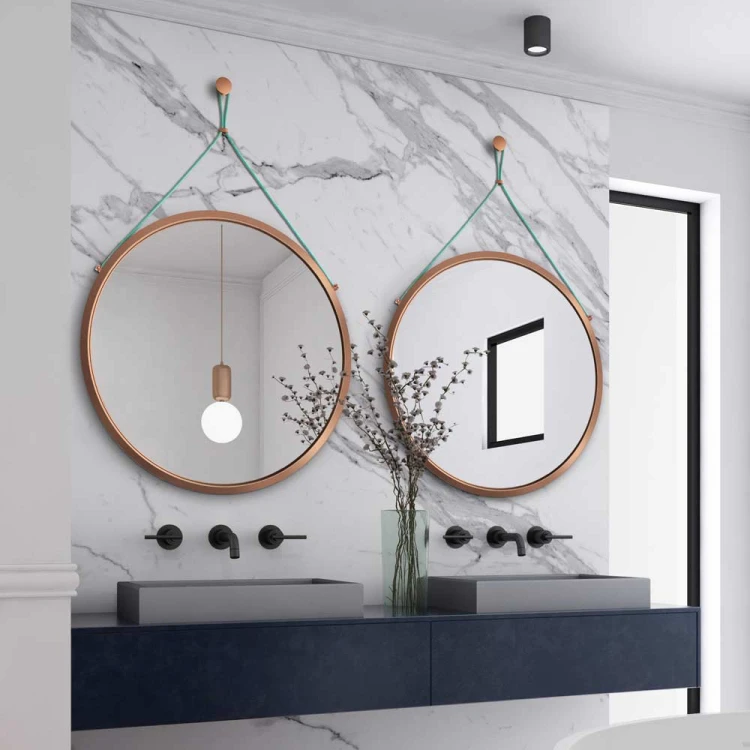 Lustro Scandi Power Mint - na sznurku miedziane lustro miedziane na miętowym sznurku, aranżacja w łazience. GieraDesign