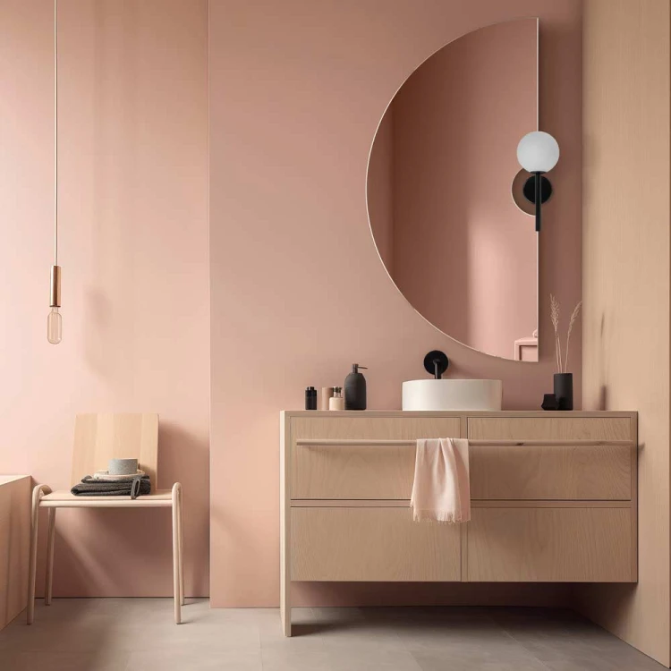 Lustro Pico półokrągłe z wycięciem na kinkiet w jasnej, łososiowej łazience. GieraDesign