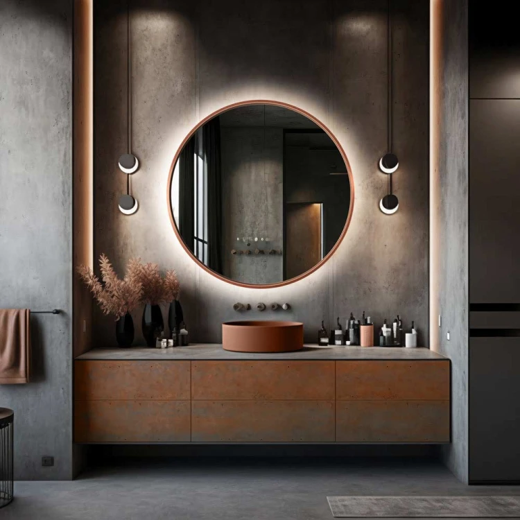 Podświetlane okrągłe lustro Scandi miedziane w nowoczesnej łazience. GieraDesign