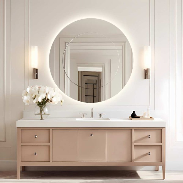 Okrągłe podświetlane lustro Modern Line w nowoczesnej łazience. GieraDesign