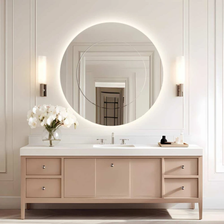 Okrągłe podświetlane lustro Modern Line w nowoczesnej łazience. GieraDesign