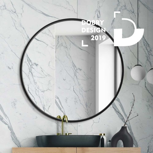Lustro czarne okrągłe łazienkowe Scandi Slim od GieraDesign w łazience z marmurem