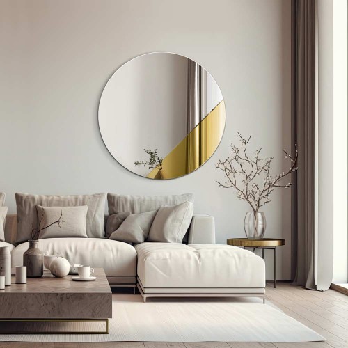 Okrągłe lustro Sunset złote w nowoczesnym salonie. GieraDesign