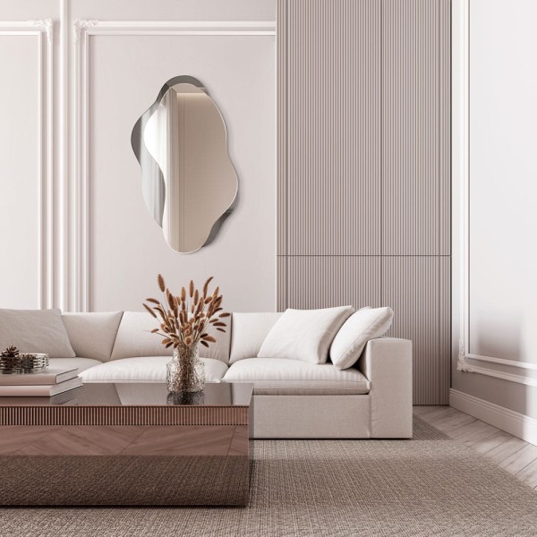 Lustro Libido grafitowe dekoracyjne nieregularne w nowoczesnym salonie na ścianie nad jasną kanapą, GieraDesign.