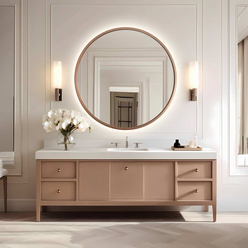 Lustro okrągłe Scandi miedziane podświetlane w białej łazience. GieraDesign