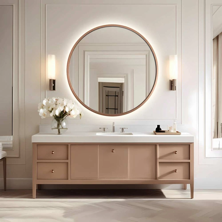 Lustro okrągłe Scandi miedziane podświetlane w białej łazience. GieraDesign