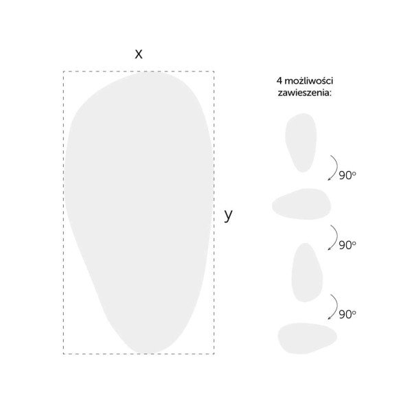 Wymiary lustra Plama no.1. Możliwe 4 pozycje zawieszenia lustra.