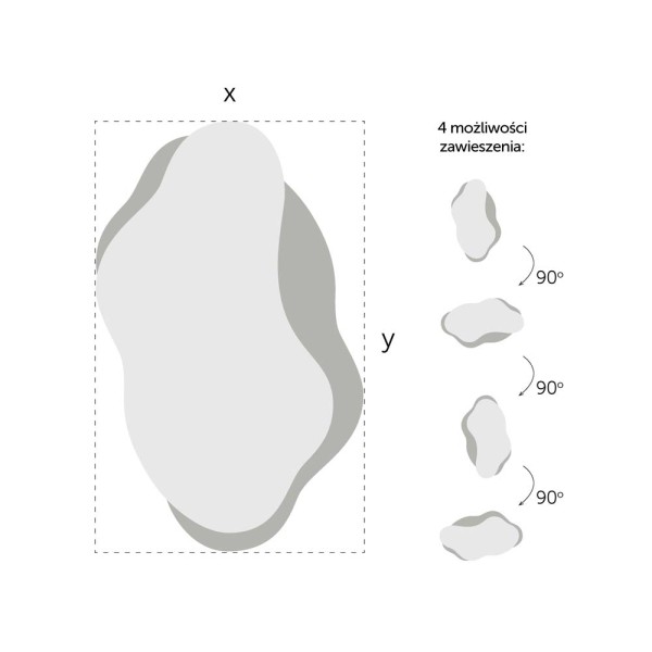 Wymiary oraz możliwości zawieszenia lustra Libido dekoracyjne z nieregularną grafitową ramą, GieraDesign.