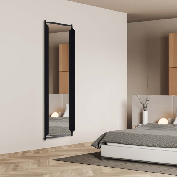 Lustro Monda Flo prostokątne w czarnej ramie metalowej w nowoczesnej sypialni.
