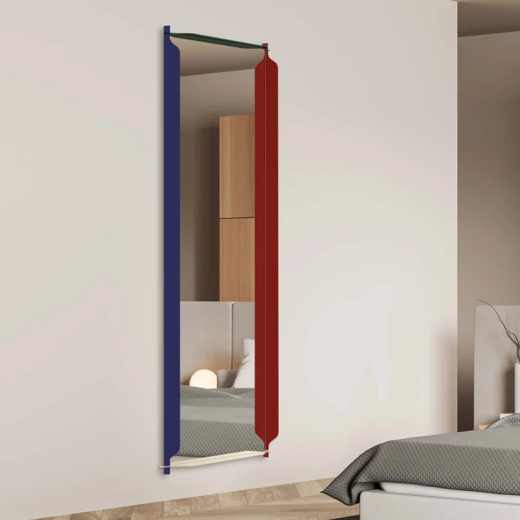 Lustro prostokątne w kolorowej ramie Monda Flo, na ścianie w nowoczesnej sypialni. GieraDesign