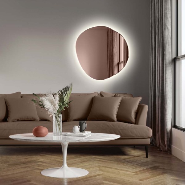 Lustro led miedziane Lapis nowoczesne w salonie. | GieraDesign