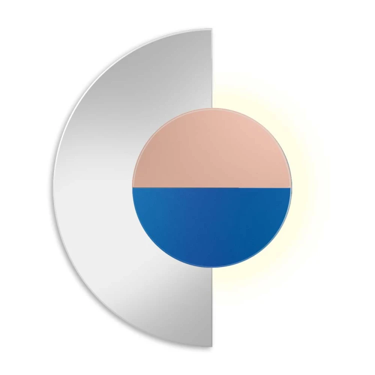 Podświetlane lustro Luna Semi miedziano-niebieskie na białym tle. GieraDesign.