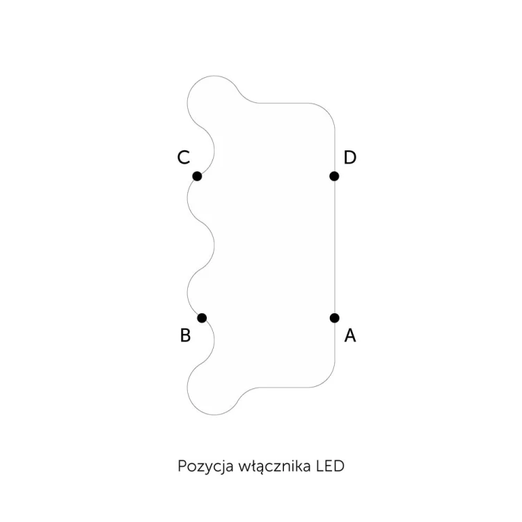 Pozycje włącznika LED w dekoracyjnym lustrze Falala podświetlane.