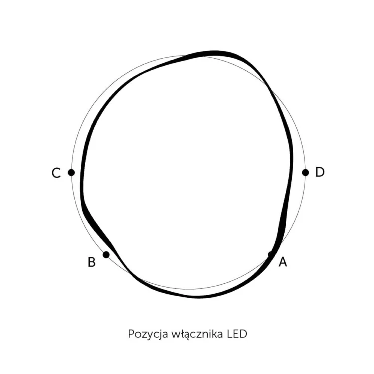 Pozycje włącznika LED w lustrze Banda podświetlane w czarnej nieregularnej ramie.