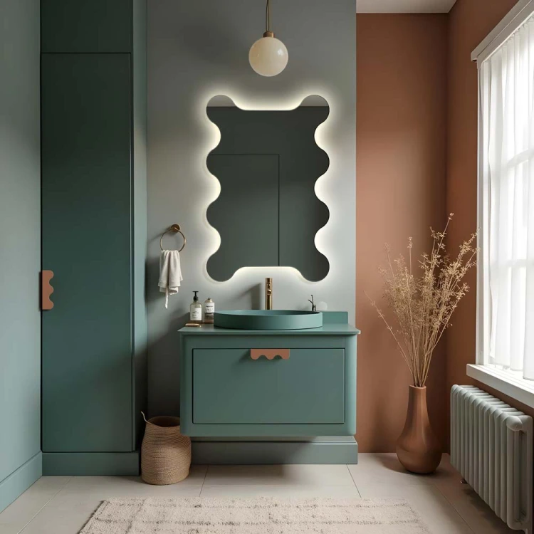 Falowane lustro Zola z podświetleniem LED w łazience. GieraDesign