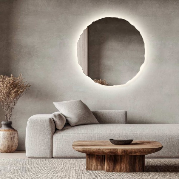 Lustro Era podświetlane nieregularne o wyłupanych krawędziach, w salonie. GieraDesign